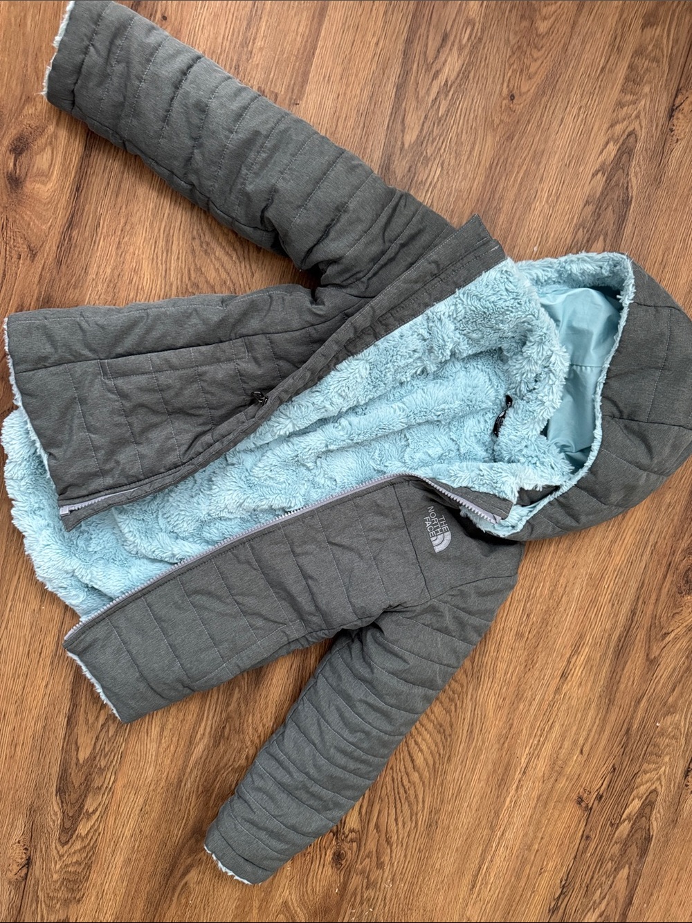 The North Face Kids Gray Puffer Jacket with Light Blue Sherpa Lining